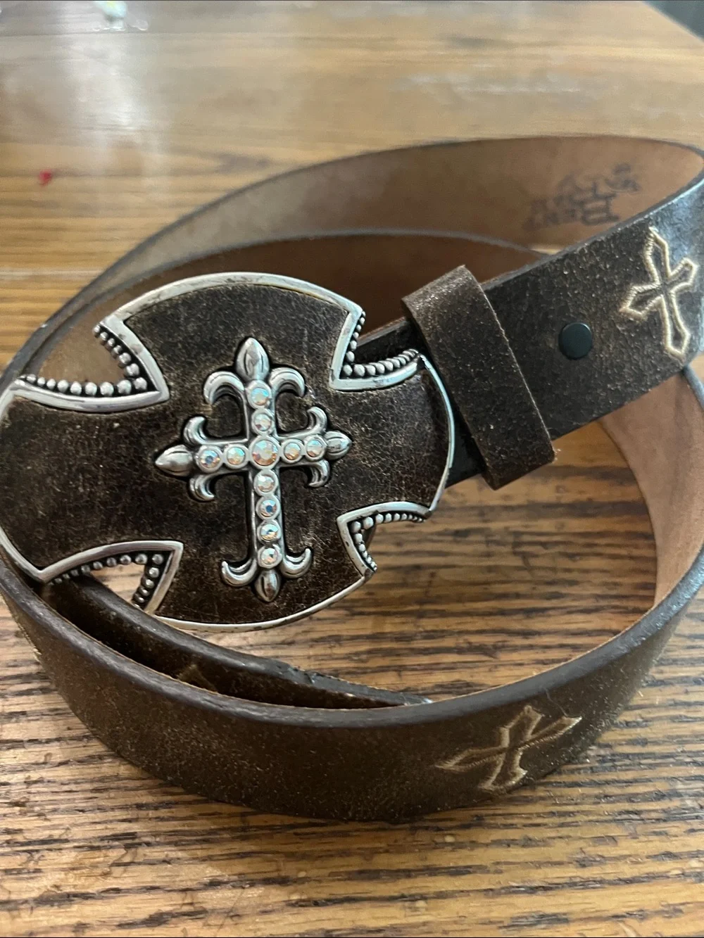 Justin Boots Bent Rails rhinestoneDark Brown Leather Belt with Cross Rhinestone